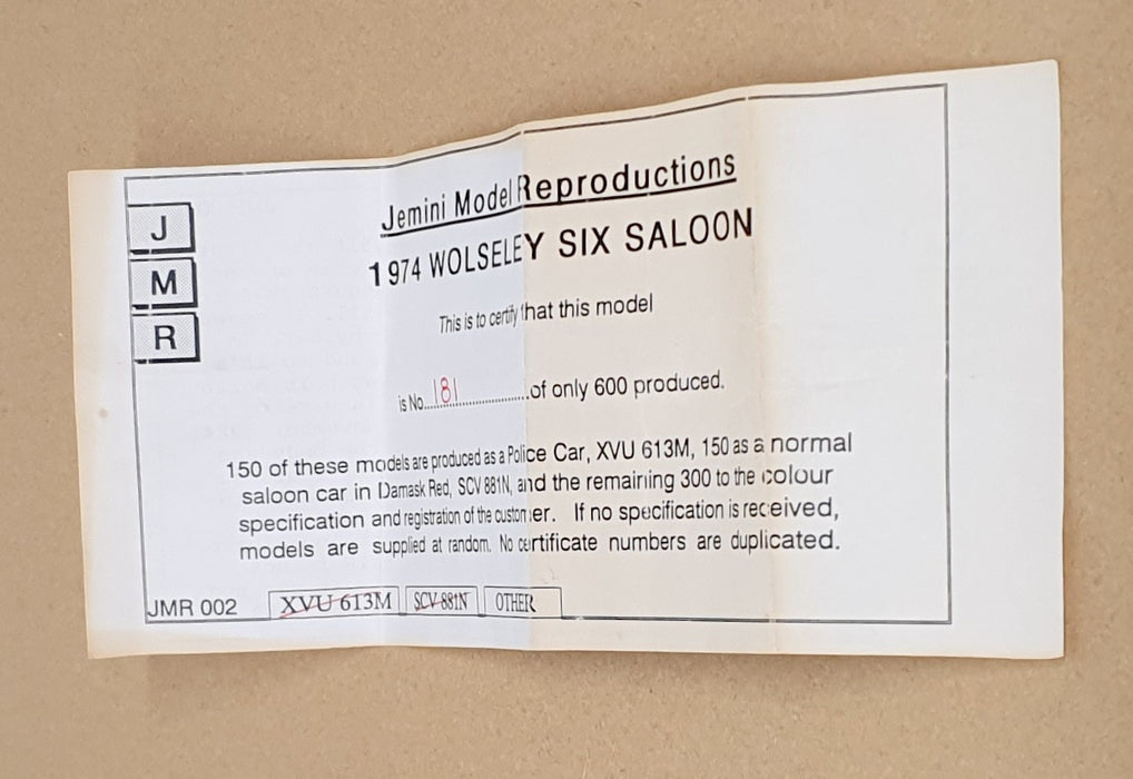 Jemini Model Reproductions 1/43 Scale JMR002 - 1974 Wolseley Six Saloon - White