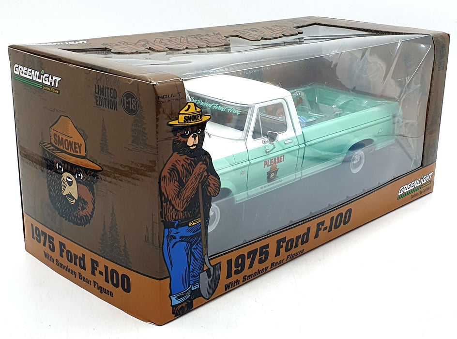 Greenlight 1/18 Scale 13636 - 1975 Ford F-100 w/ Smokey Bear Figure - Turquoise
