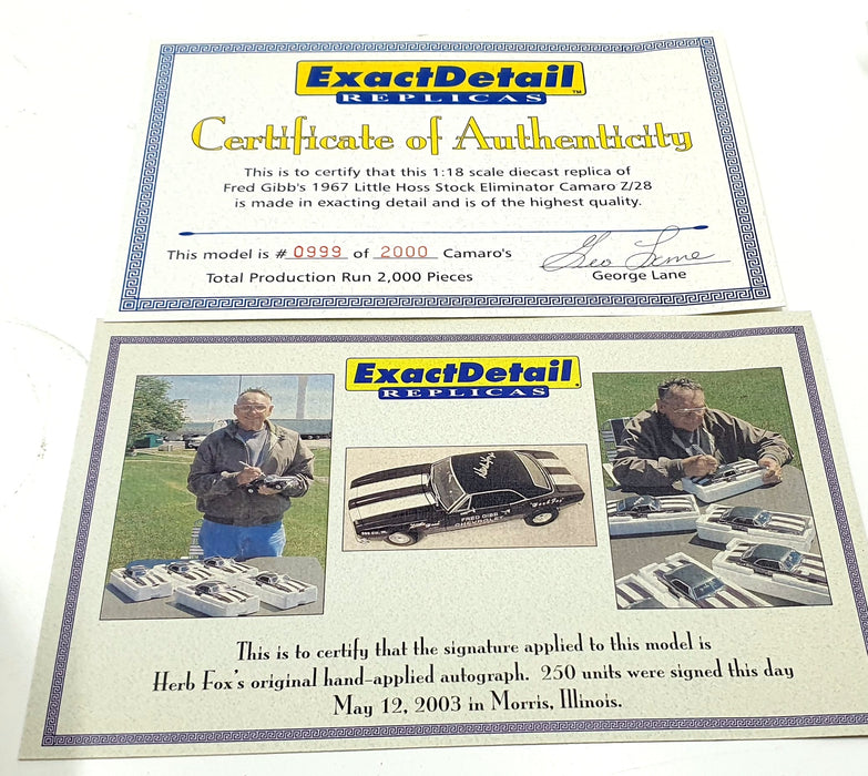 Exact Detail 1/18 Scale WCC211A - 1967 Z/28 Stock Eliminator Camaro F.Gibb's