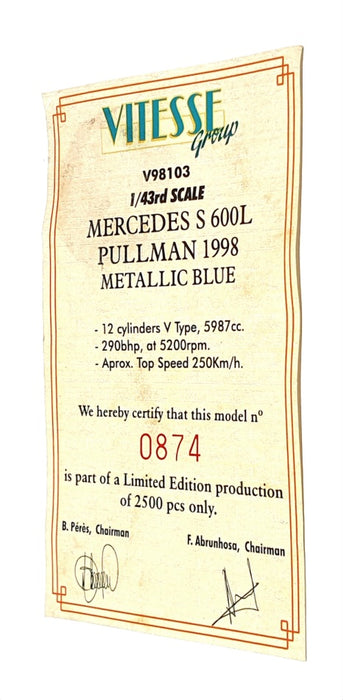 Vitesse 1/43 Scale V98103 - 1998 Mercedes S 600L Pullman - Met Blue