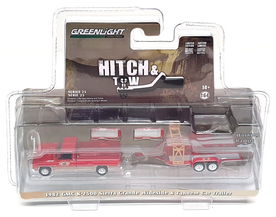 Greenlight 1/64 Scale 32250-B - 1982 GMC K-2500 Sierra & Tandem Car Trailer Red