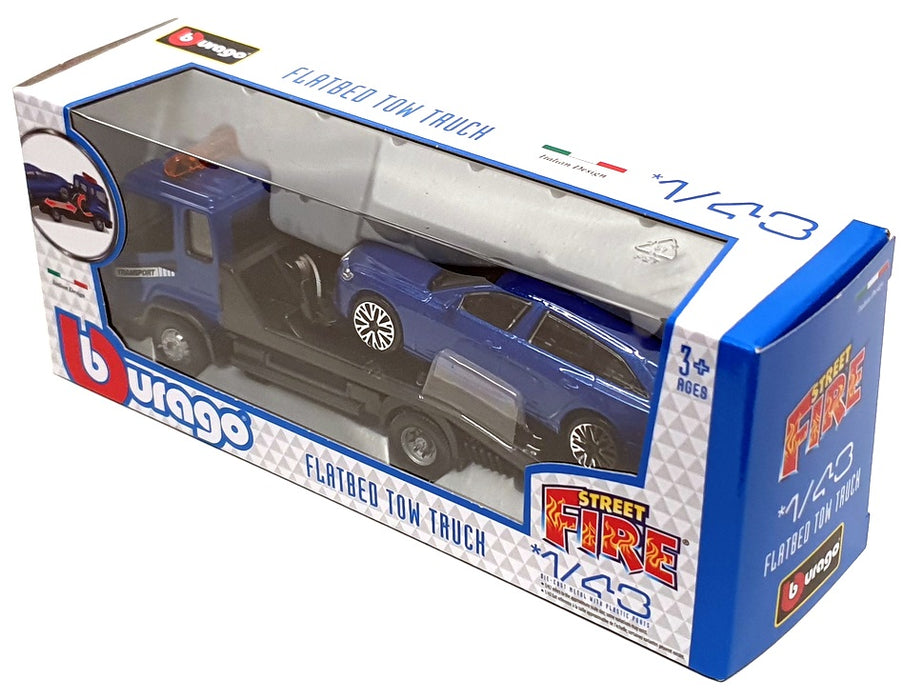 Burago 1/43 Scale 18-31418 - Flatbed Tow Truck & Audi - Blue