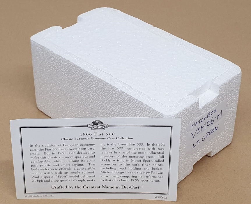Matchbox 1/43 Scale Diecast VEM06-M - 1966 Fiat 500 - Lt. Green