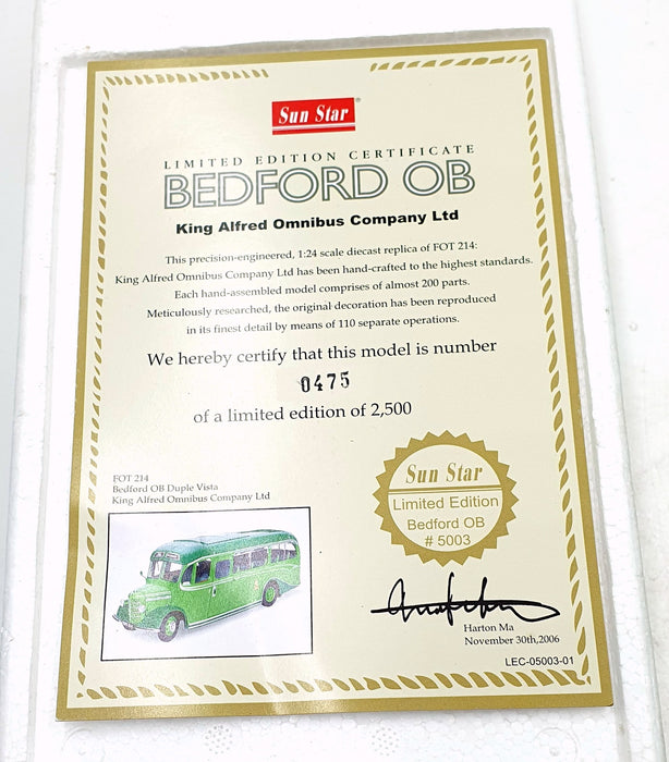 Sun Star 1/24 Scale Diecast 5003 - 1949 Bedford OB Duple Vista Coach King Alfred