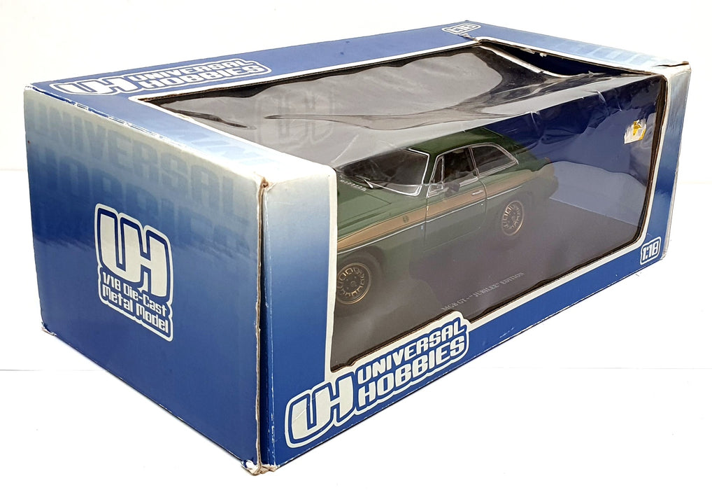 Universal Hobbies 1/18 Scale Diecast - 4458 MG MGB GT Jubilee Edition Green/Gold
