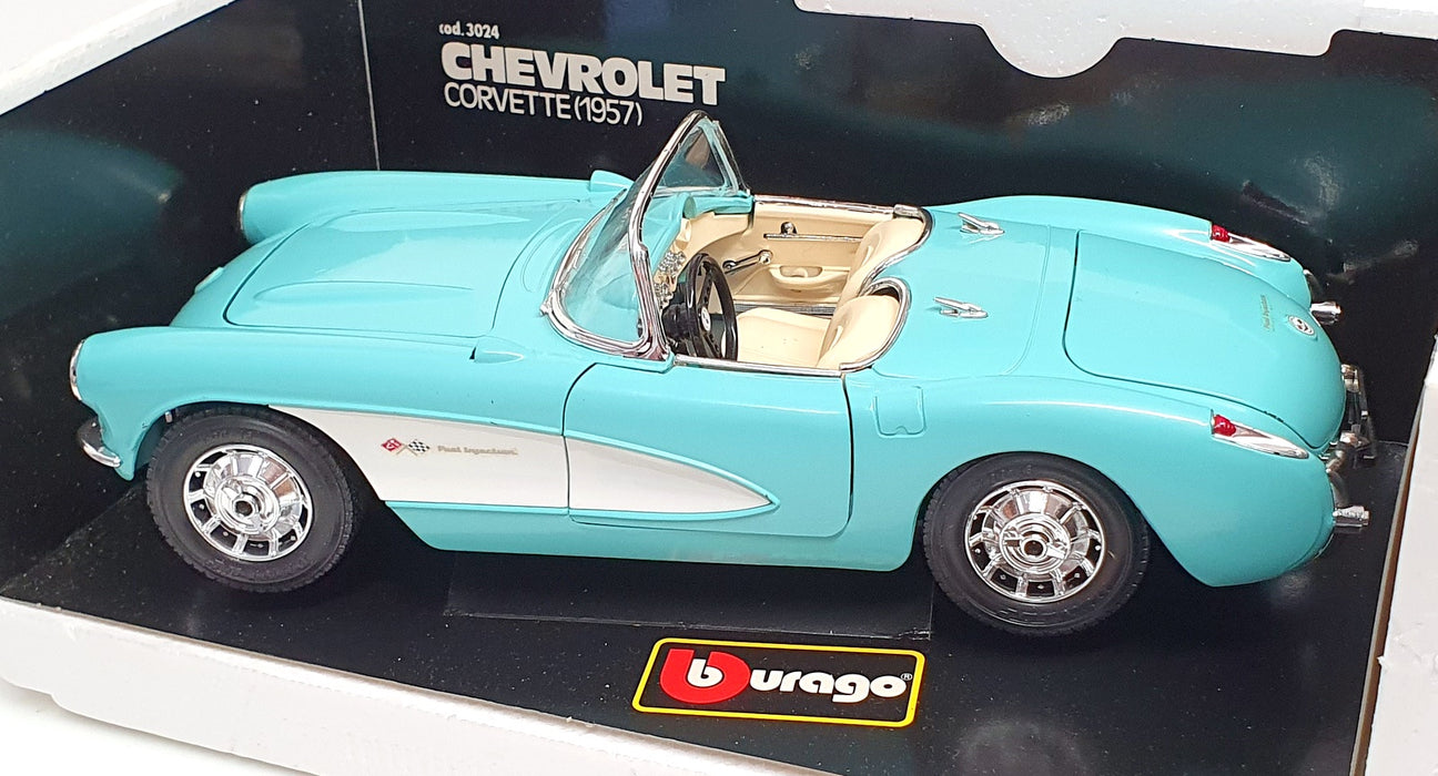 Burago 1/18 Scale Diecast 3024 - 1957 Chevrolet Corvette - Turquoise/White