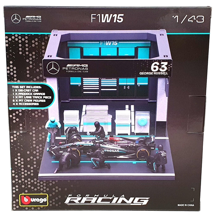 Burago 1/43 Scale 18-38452 - Mercedes F1W15 Pit Pass Diorama 2024 G. Russell