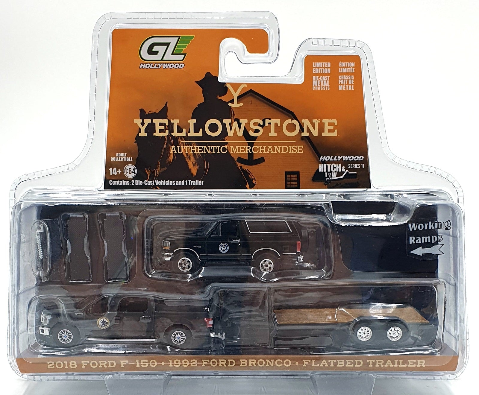 Greenlight 1/64 Scale 31150-C - 2018 Ford F-150 1992 Bronco and Flatbed Trailer