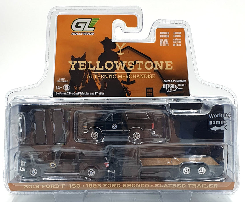 Greenlight 1/64 Scale 31150-C - 2018 Ford F-150 1992 Bronco and Flatbed Trailer