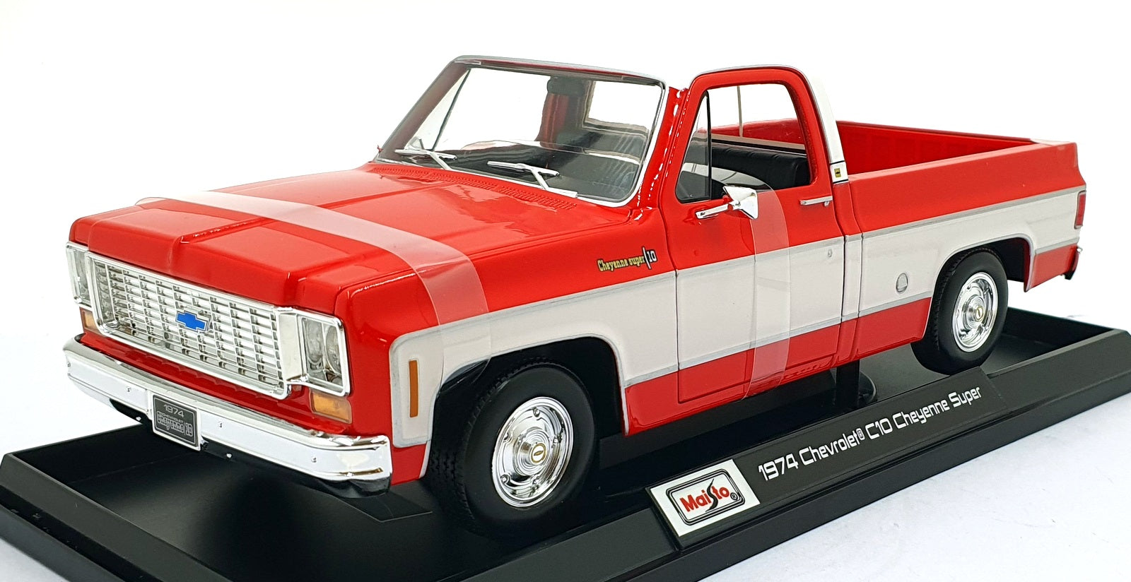 Maisto 1/18 Scale 46629 - 1974 Chevrolet C10 Cheyenne Super Truck - Red/White