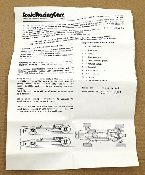 S.R.C. Models 1/43 Scale Unbuilt Kit 18-87 - 1966 F1 Cooper-Maserati Type 81