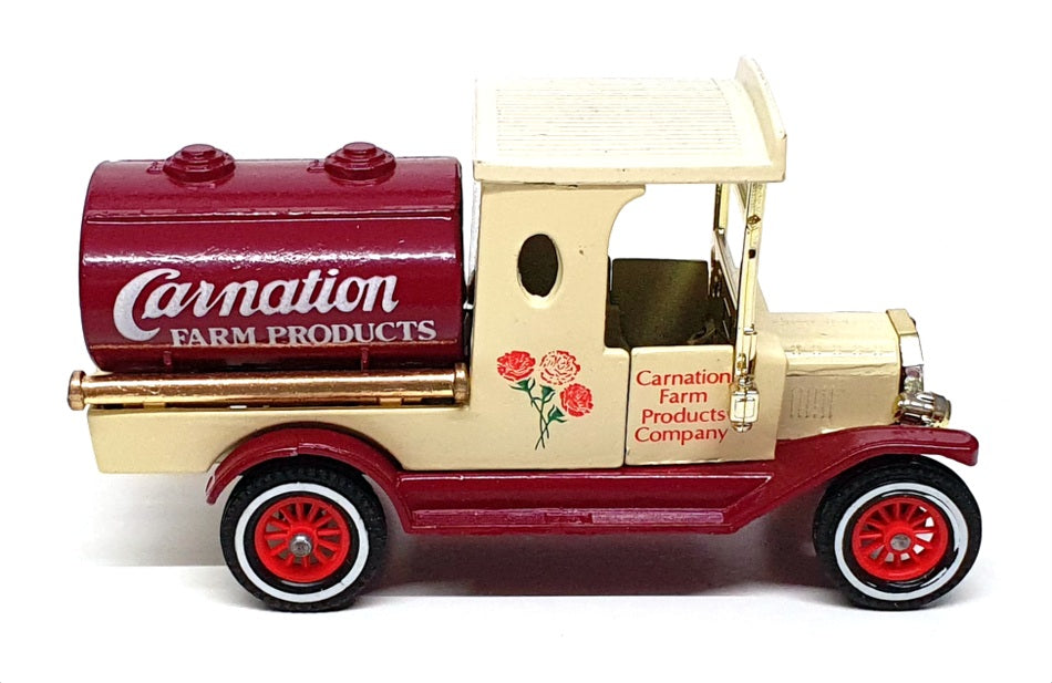 Matchbox Appx 10cm Long Y-3 - 1912 Ford Model T Tanker "Carnation" Cream/Dk Red