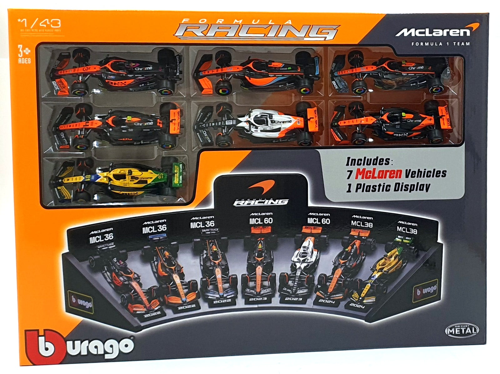 Burago 1/43 Scale 18-38169 - McLaren Racing 7 Cars and Display Stand