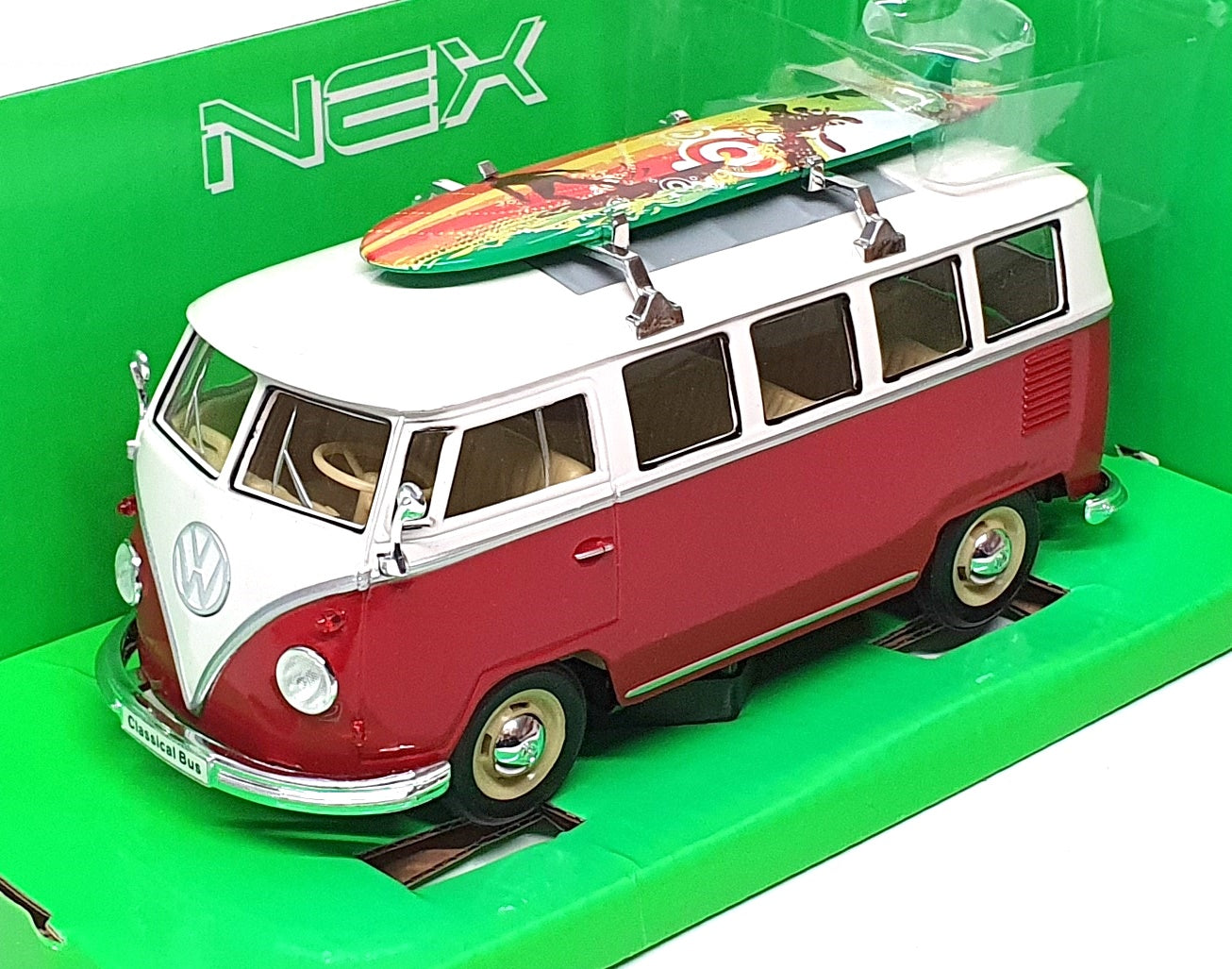 Welly Nex 1/24 Scale W1962R - 1962 VW Classical Bus + Surfboard - White/Dk. Red