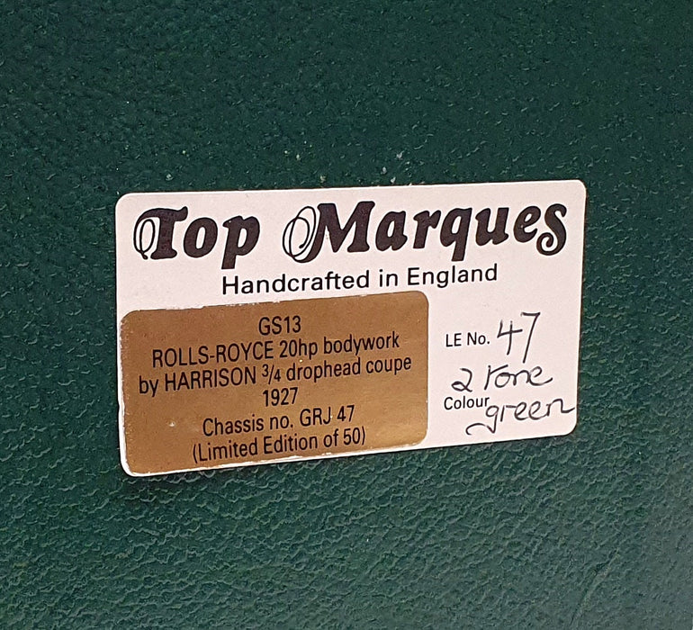 Top Marques 1/43 Scale GS13 - 1927 Rolls Royce 20hp ¾ DHC By Harrison 2T Green