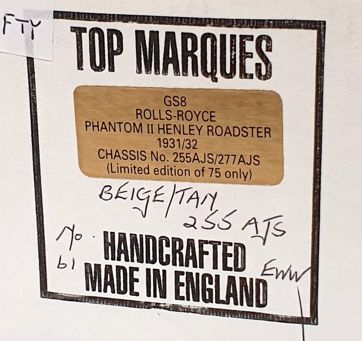 Top Marques Gold Series 1/43 Scale GS8 - 1931 Rolls Royce Phantom II - Beige/Tan