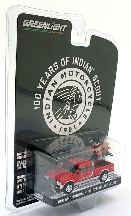 Greenlight 1/64 Scale 28080-C - 1991 GMC Sonoma w/ 1920 Indian Scout - Red