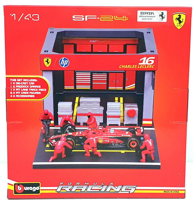 Burago 1/43 Scale 18-36862 - F1 Ferrari SF-24 Pit Pass Diorama 2024 #16 Leclerc