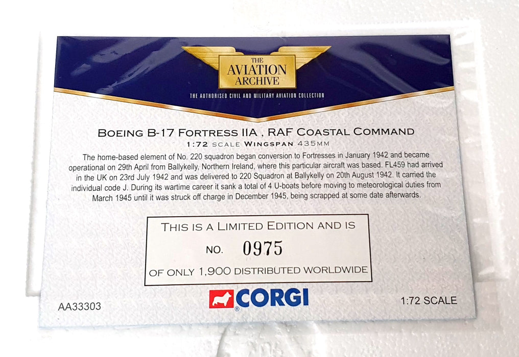Corgi 1/72 AA33303 Boeing B-17 Fortress IIA FL459 220Sqn N.I 1942
