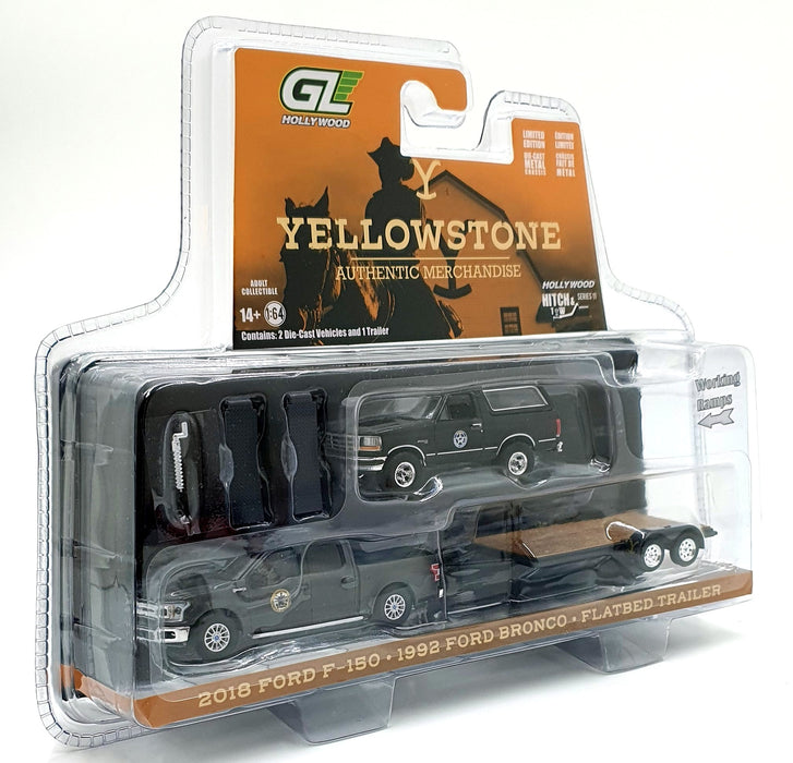 Greenlight 1/64 Scale 31150-C - 2018 Ford F-150 1992 Bronco and Flatbed Trailer