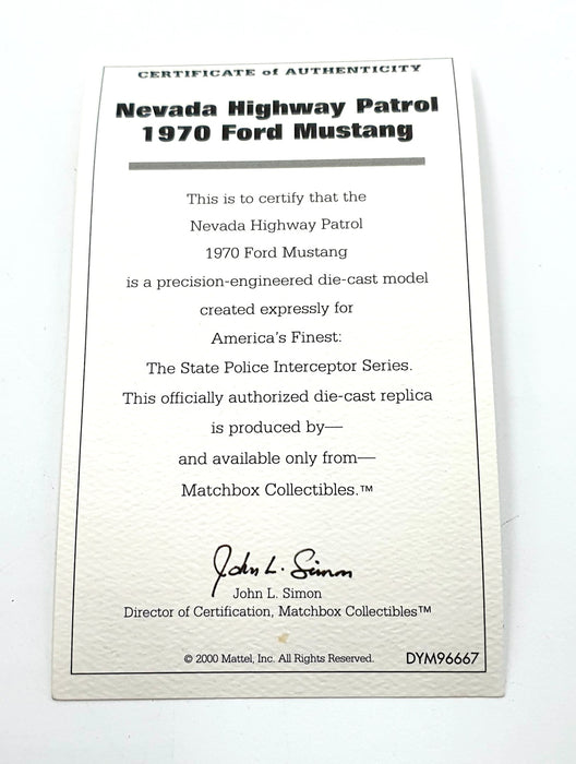 Matchbox 1/43 Scale Diecast DYM96667 1970 Ford Mustang Nevada Highway Patrol