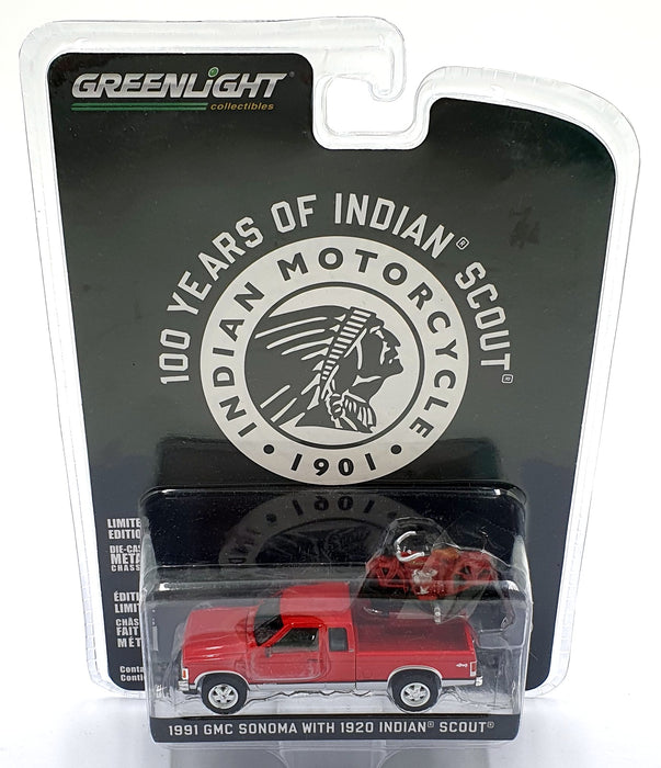 Greenlight 1/64 Scale 28080-C - 1991 GMC Sonoma w/ 1920 Indian Scout - Red
