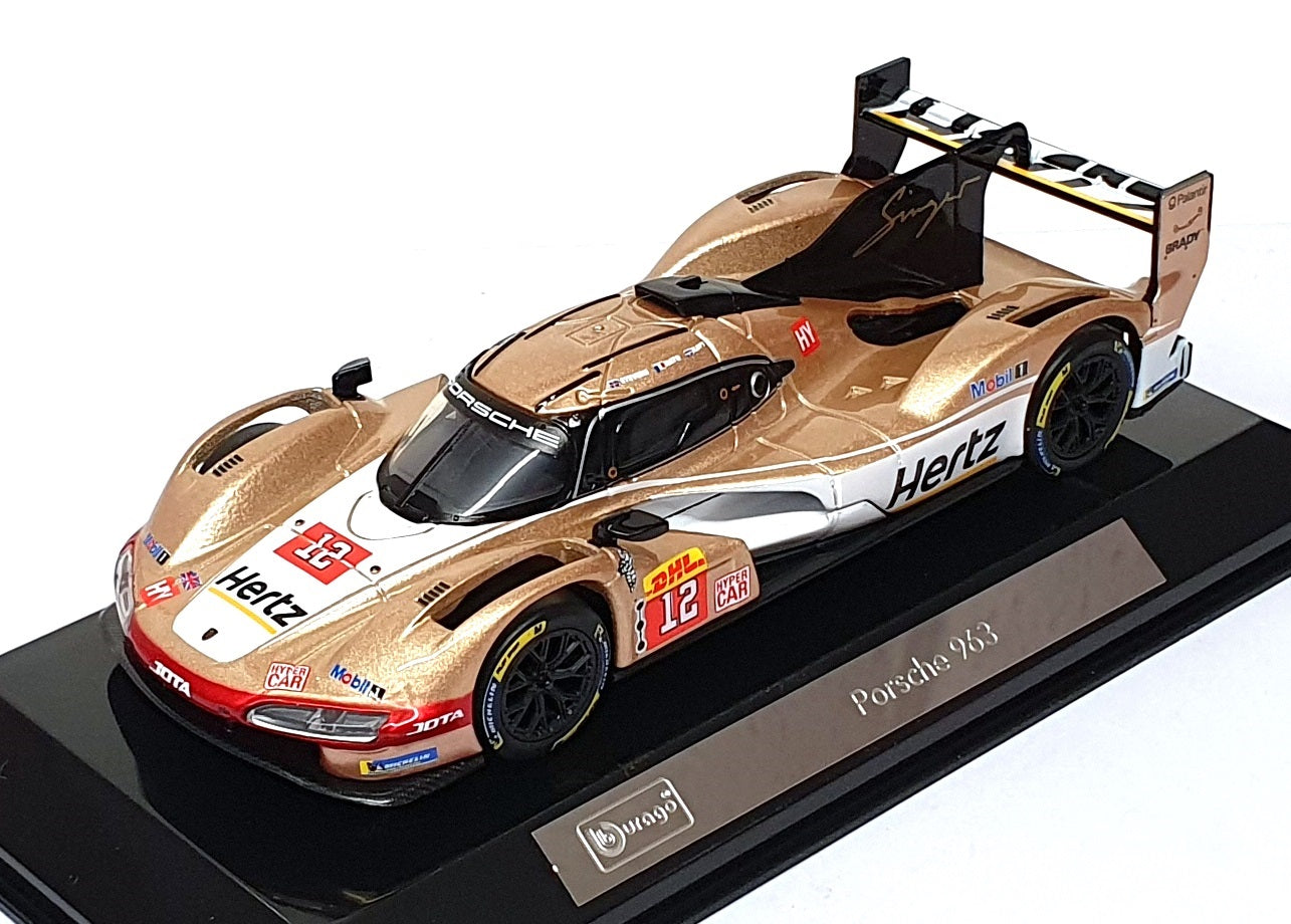 Burago 1/43 Scale 18-38317 - Porsche 963 #12 Hertz Team Jota - Gold/White