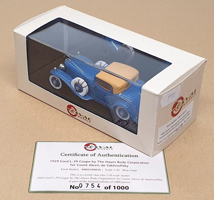 Esval 1/43 Scale EMUS43003A - 1929 Cord L-29 Coupe By Hayes - Blue