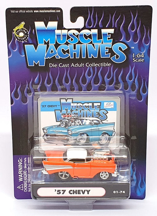Muscle Machines 1/64 Scale 71161 01-74 - 1957 Chevrolet Chevy - Orange/White
