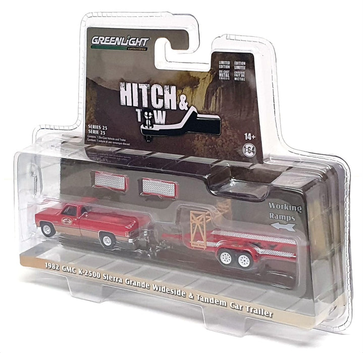 Greenlight 1/64 Scale 32250-B - 1982 GMC K-2500 Sierra & Tandem Car Trailer Red