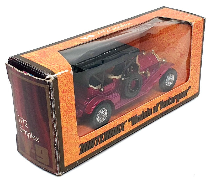 Matchbox Appx 10cm Long Diecast Y-9 - 1912 Simplex - Met Dk Red/Black