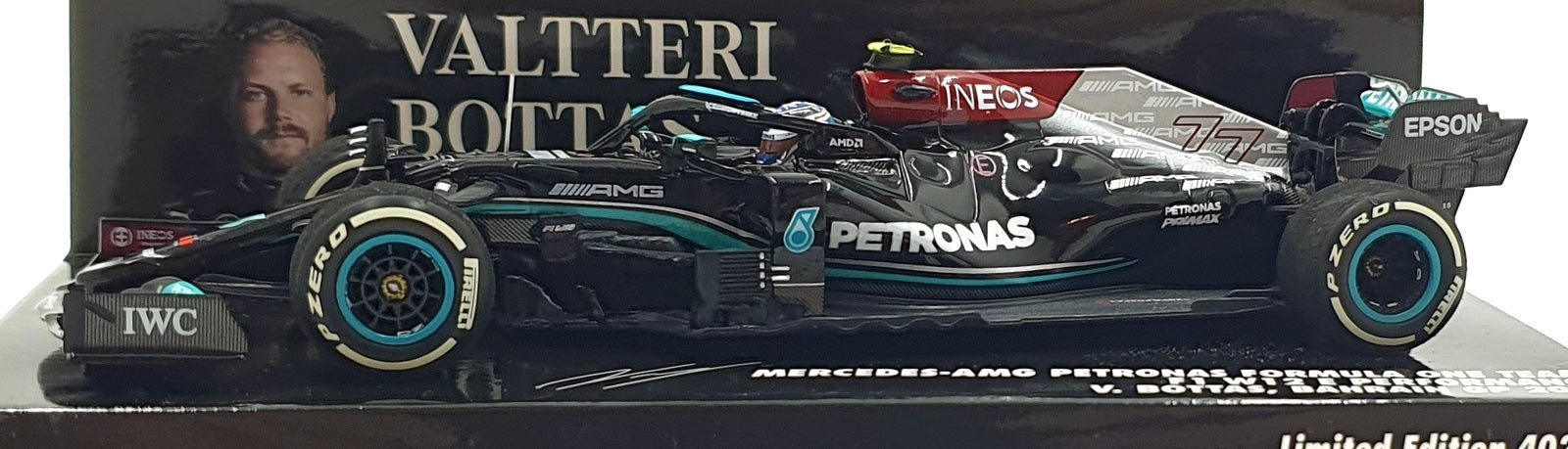 Minichamps 1/43 Scale 410 210177 - Mercedes-AMG F1 Team E #77 Bahrain GP 2021