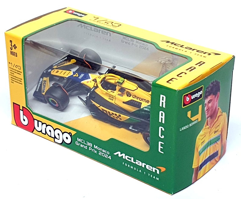 Burago 1/43 Scale 18-38214NS - F1 McLaren Monaco GP 2024 #4 Norris Senna Livery
