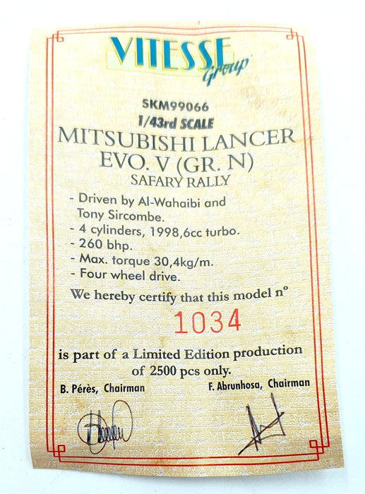 Skid 1/43 Scale SKM99066 - Mitsubishi Lancer EVO. V #14 Safari Rally 1999