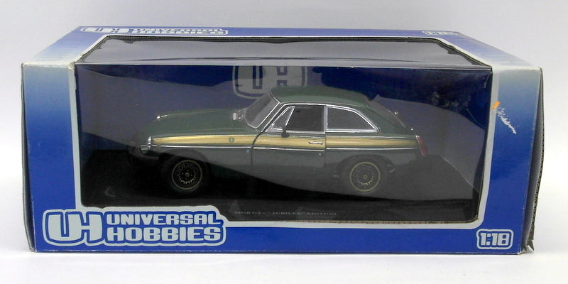 Universal Hobbies 1/18 Scale Diecast - 4458 MG MGB GT Jubilee Edition Green/Gold