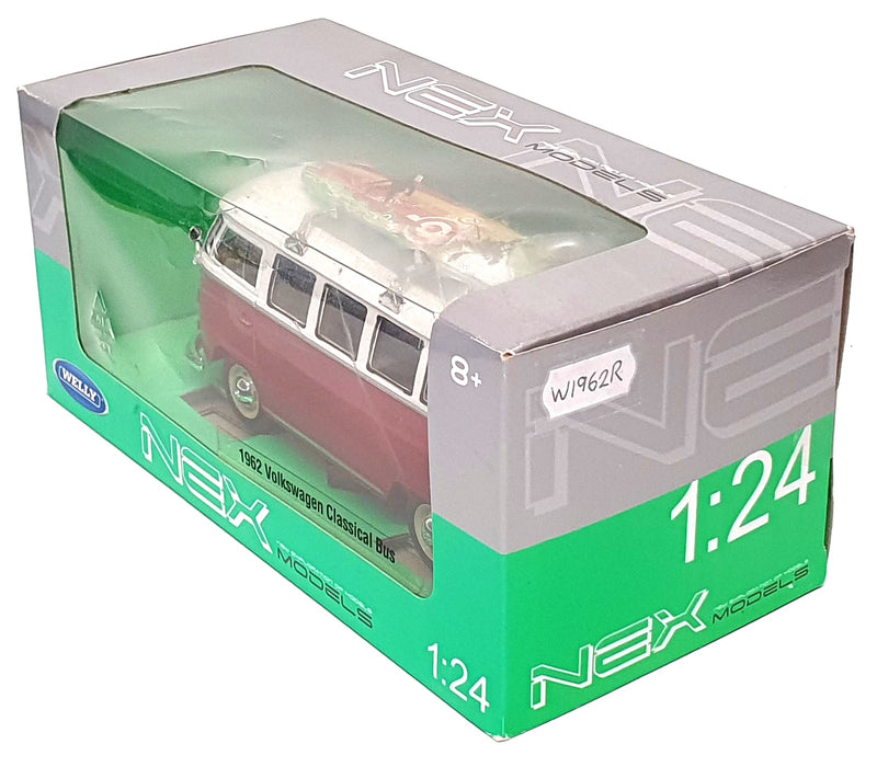 Welly Nex 1/24 Scale W1962R - 1962 VW Classical Bus + Surfboard - White/Dk. Red