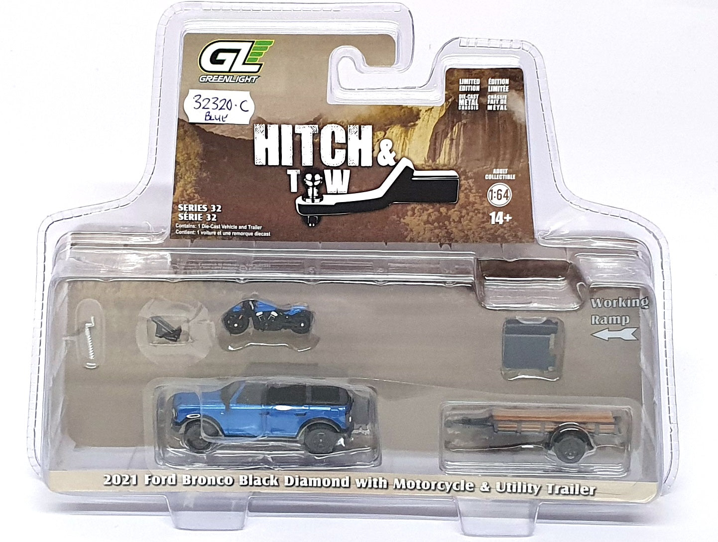 Greenlight 1/64 Scale 32320-C - 2021 Ford Bronco w/ Motorcycle & Trailer - Blue