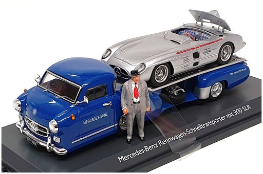 Schuco 1/43 Scale 45 037 6800 - Mercedes Benz Transporter & 300 SLR With Figure