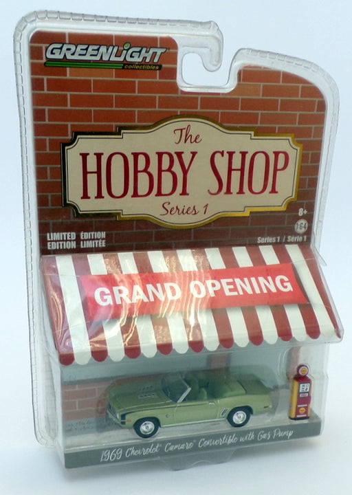 Greenlight Hobby Shop 1/64 Scale 97010 - 1969 Chevrolet Camaro & Gas Pump Green