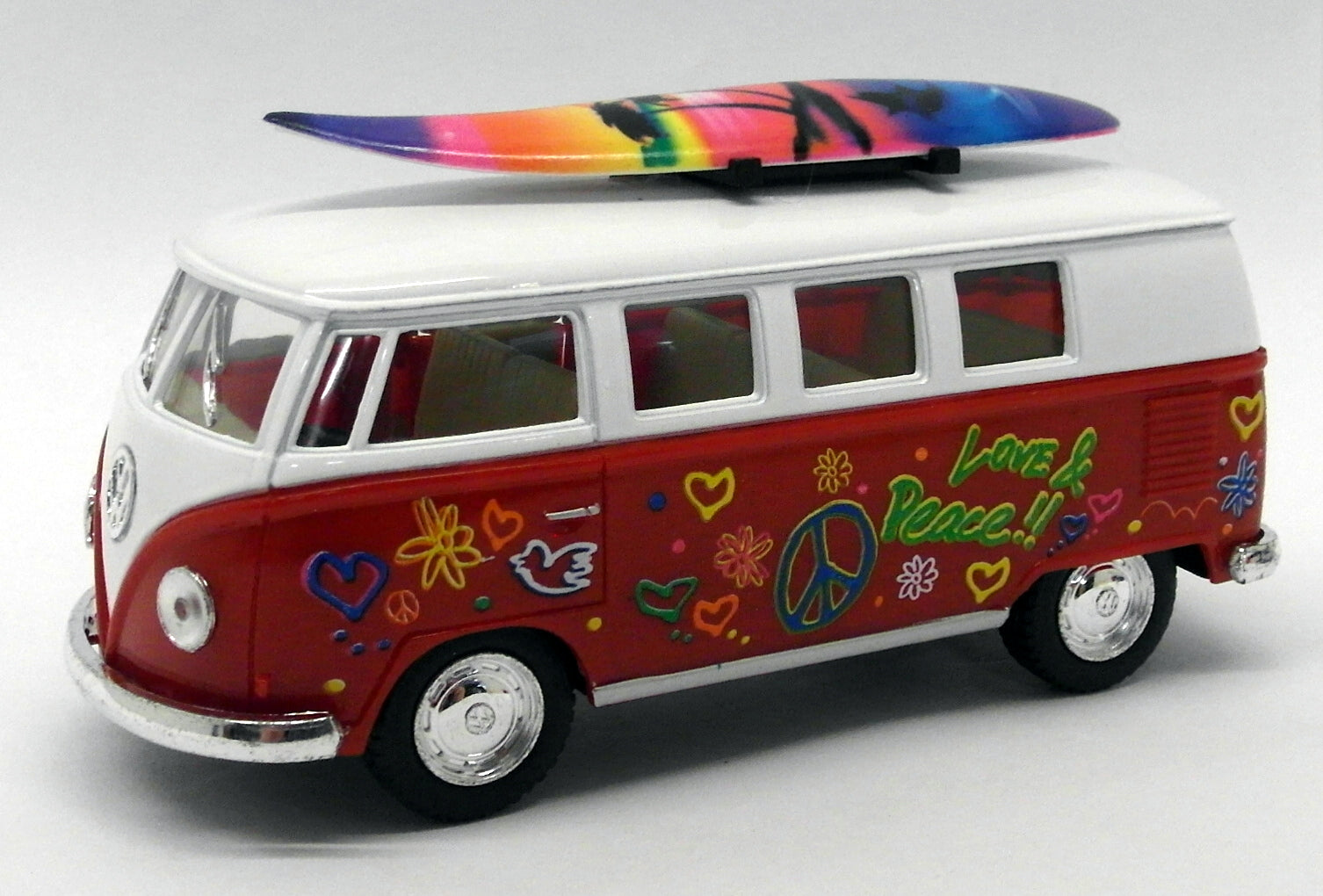 1962 VW Camper w/ Surfboard - Red - Kinsmart Pull Back & Go Metal Model Car