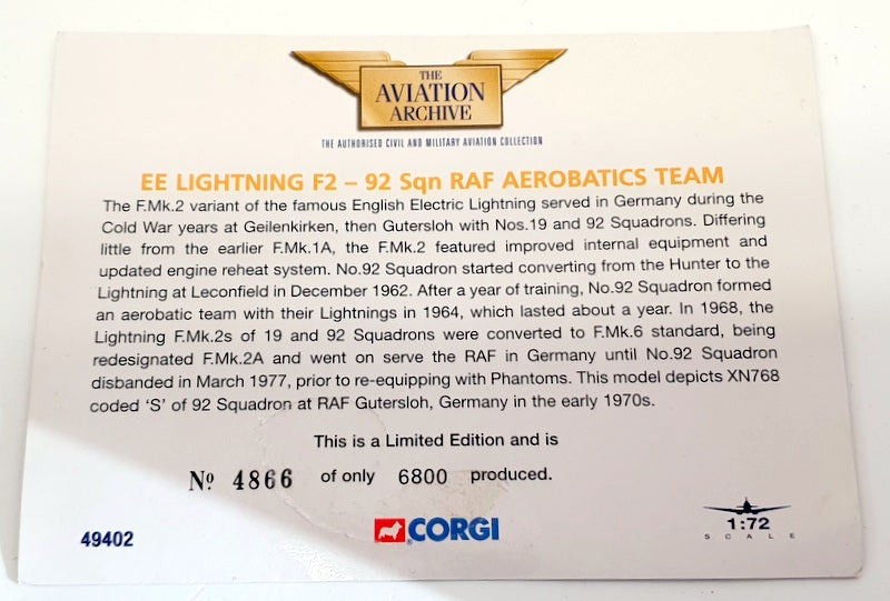 Corgi 1/72 Scale 49402 - EE Lighting F2 92 Sqn RAF Aerobatics Team