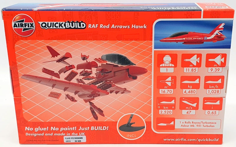 Airfix 22cm Long Quick Build Model Aircraft Kit J6018 - Red Arrows Hawk