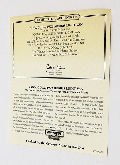 Matchbox Appx 1/43 Scale YYM96508 - 1929 Morris Light Van - Coca-Cola