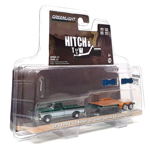 Greenlight 1/64 Scale 32220-B - 1976 Ford F-150 Ranger & Flatbed Trailer - Green