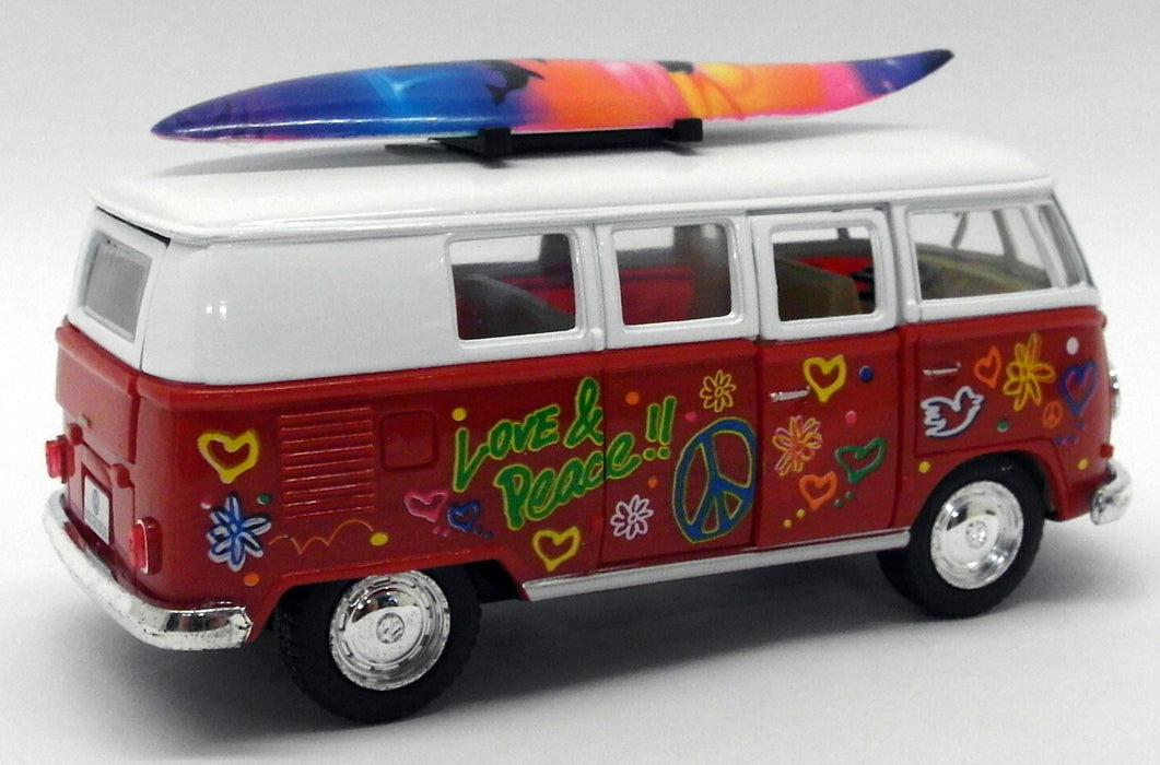 1962 VW Camper w/ Surfboard - Red - Kinsmart Pull Back & Go Metal Model Car