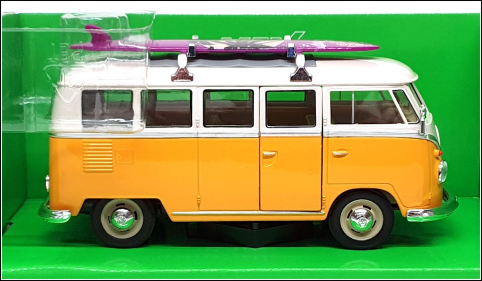 Welly NEX 1/24 Scale 22095SB-W - 1963 Volkswagen T1 Bus With Surf Board - Yellow
