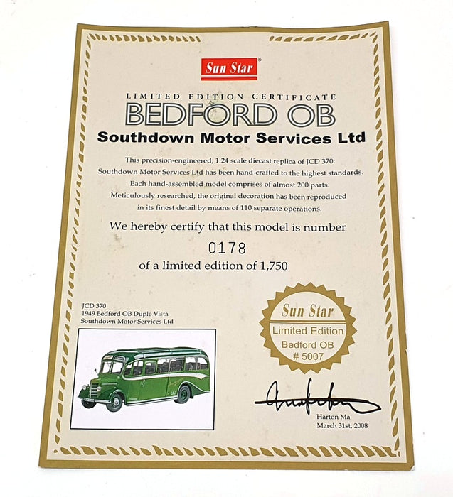 Sunstar 1/24 Scale Diecast 5007 - 1949 Bedford OB Duple Vista JCD 370 Southdown