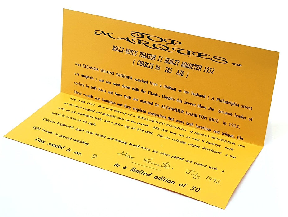 Top Marques 1/43 Scale GS6 - 1932 Rolls Royce Phantom II Henley Roadster 1 of 50