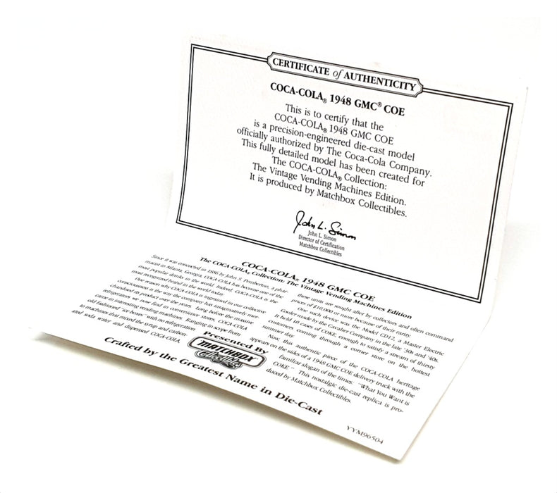 Matchbox 12cm Long YYM96504 - 1948 GMC COE Truck Coca Cola - Red/Yellow