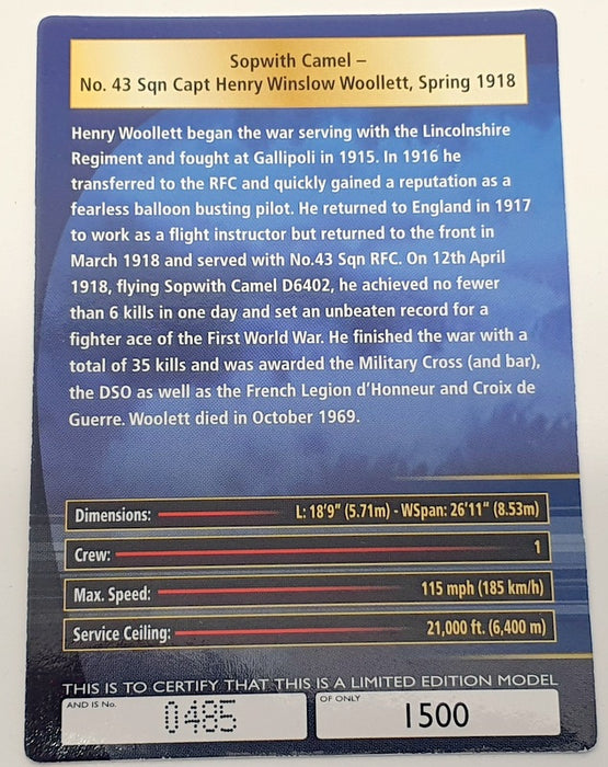 Corgi 1/48 Scale  AA38104 - Sopwith Camel 43 Sqn Cpt H Winslow Woollett